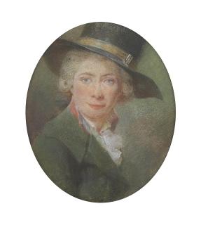 Antoine Berjon - Self portrait, bust-length, in a black hat and green coat
