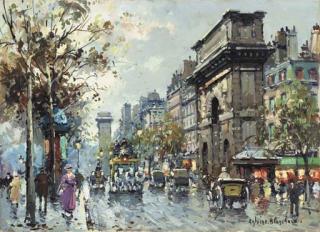 Antoine Blanchard - Pedestrians on a Busy Parisian Street