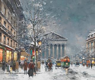 Antoine Blanchard - The church of The Madeleine on a snowy evening, Paris