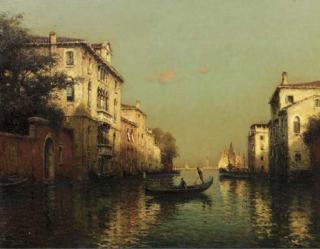 Antoine Bouvard Sen. - A Venetian canal scene with a gondola