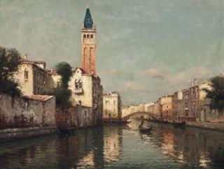 Antoine Bouvard - A Gondolier Before A Venetian Bridge