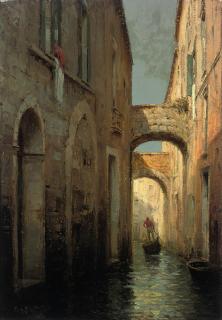 Antoine Bouvard - A Gondolier On A Narrow Venetian Canal