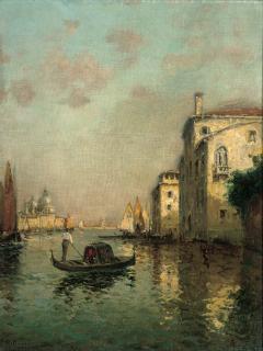 Antoine Bouvard - A Gondolier On A Venetian Canal, Santa Maria Della Salute Beyond