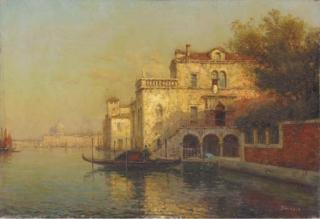 Antoine Bouvard - Figures By A Venetian Canal With San Marco Beyond
