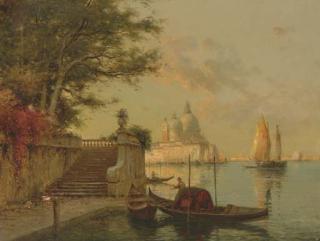 Antoine Bouvard - Gondola On The Lagoon, Venice, With la Salute In The Distance