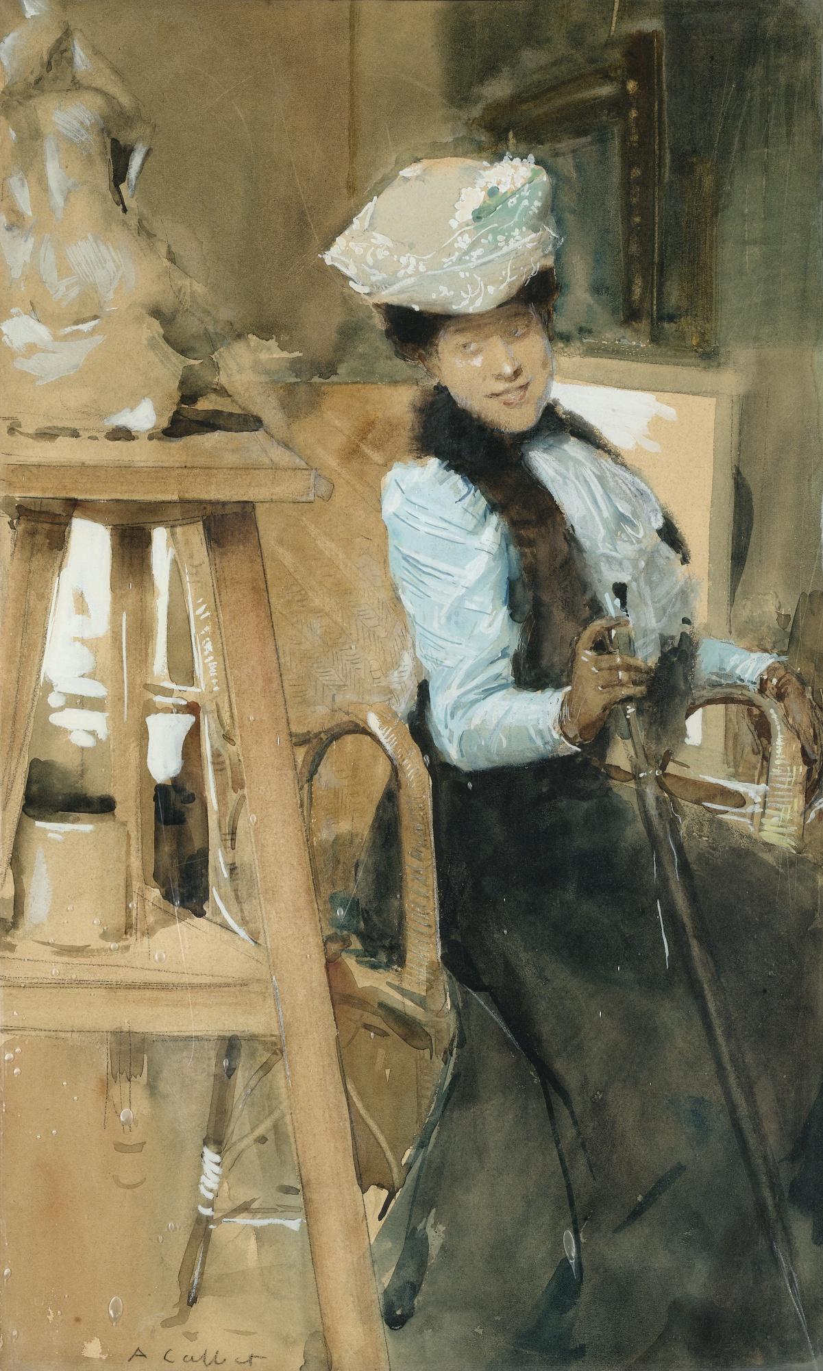 Antoine Calbet - Elegant Lady In A Sculptor\'S Studio