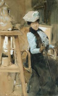 Antoine Calbet - Elegant Lady In A Sculptor\'S Studio