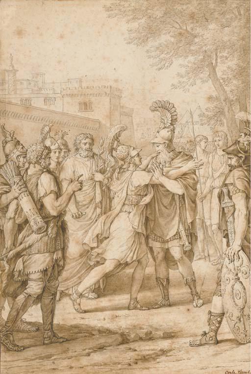 Antoine-Charles-Horace Vernet - A Roman soldier beseeching another, surrounded by figures, after la Thébaïde by Jean Racine