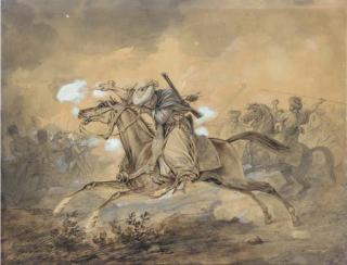 Antoine-Charles-Horace Vernet - An Egyptian horseman blowing up a gun, the French infantry fighting the Egyptians in the background