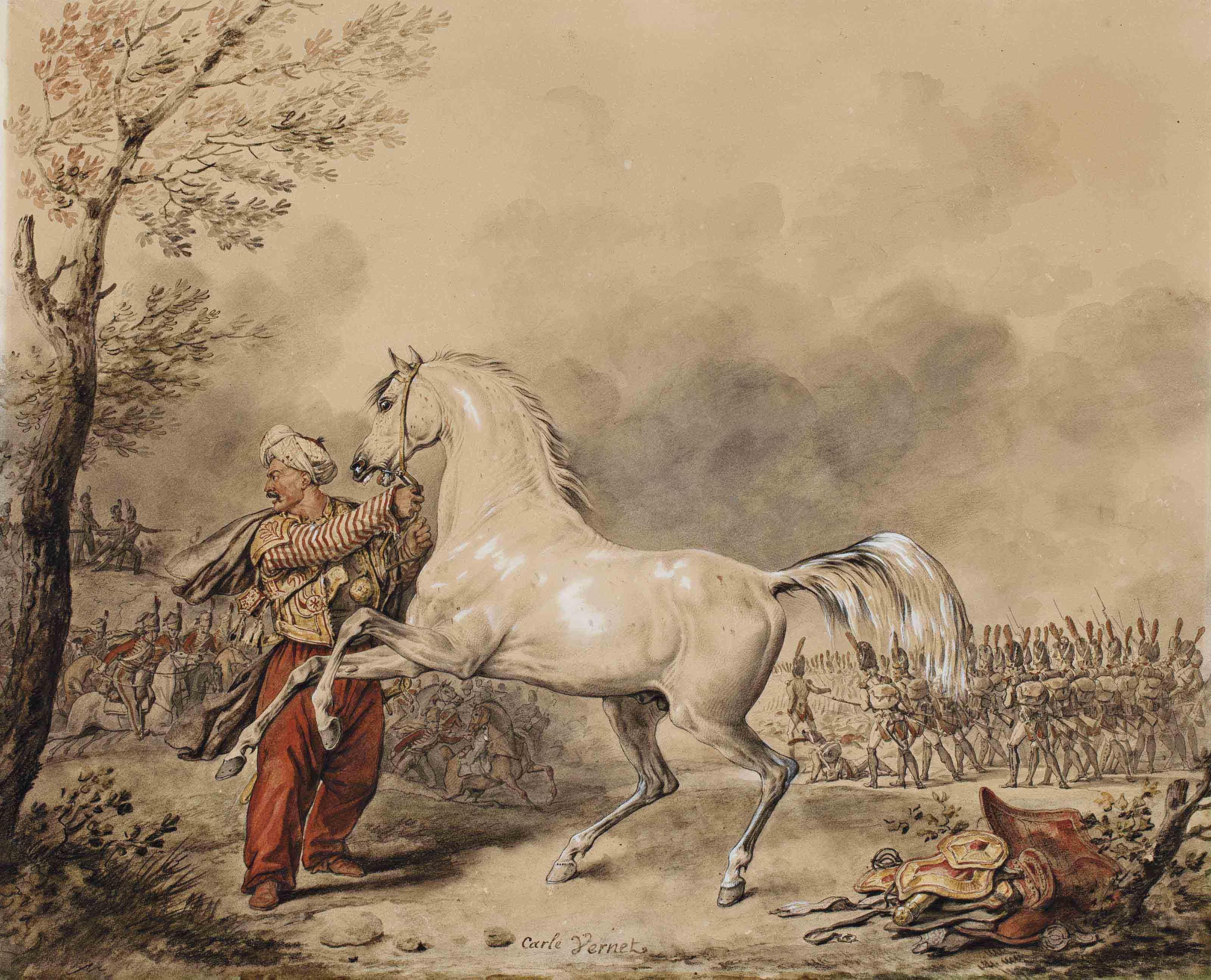 Antoine-Charles-Horace Vernet - Oriental et son cheval, une armée à l\'arrière-plan