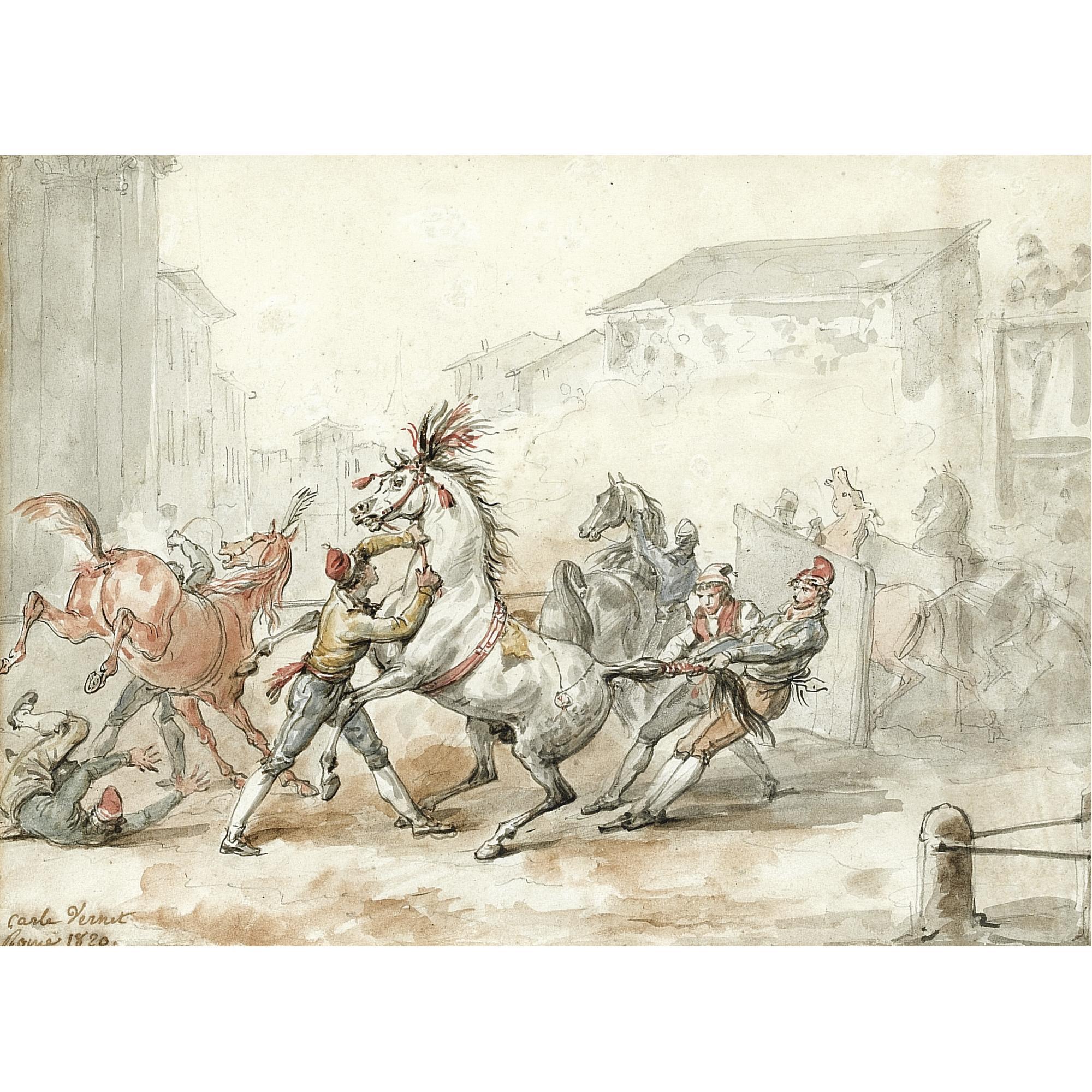 Antoine-Charles-Horace Vernet - Preparing Horses For The Riderless Race In Rome