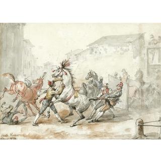 Antoine-Charles-Horace Vernet - Preparing Horses For The Riderless Race In Rome