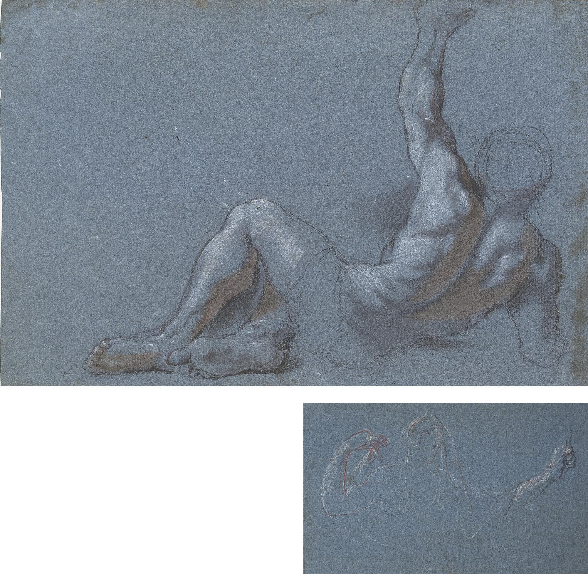 Antoine Coypel - A reclining male nude, his left arm raised (recto); Studies of the head of a woman wearing a veil and of a left hand holding a staff (verso)
