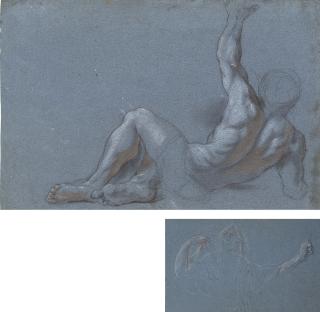 Antoine Coypel - A reclining male nude, his left arm raised (recto); Studies of the head of a woman wearing a veil and of a left hand holding a staff (verso)