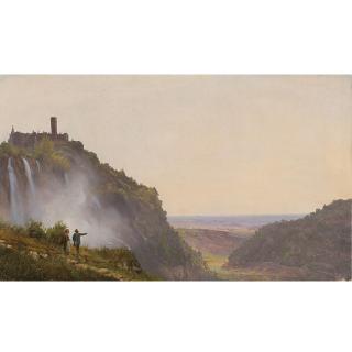 Antoine-Félix Boisselier - Extensive Italian Landscape By Waterfalls With Two Figures Pointing At The Valley