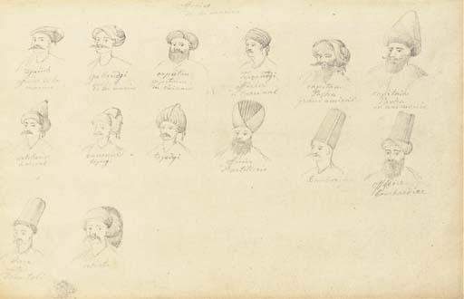 Antoine-Ignace Melling - Quatorze Têtes D\'Officiers de Marine Turcs (Recto); L\'Intérieur D\'Une Mosquée (Verso)