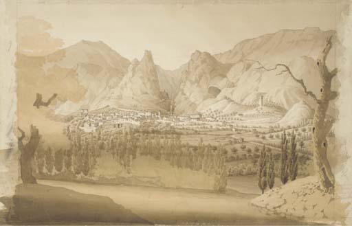 Antoine-Ignace Melling - Une vue de ville de montagne avec une cascade dans le fond et un télépherique