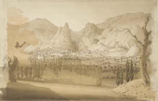 Antoine-Ignace Melling - Une vue de ville de montagne avec une cascade dans le fond et un télépherique