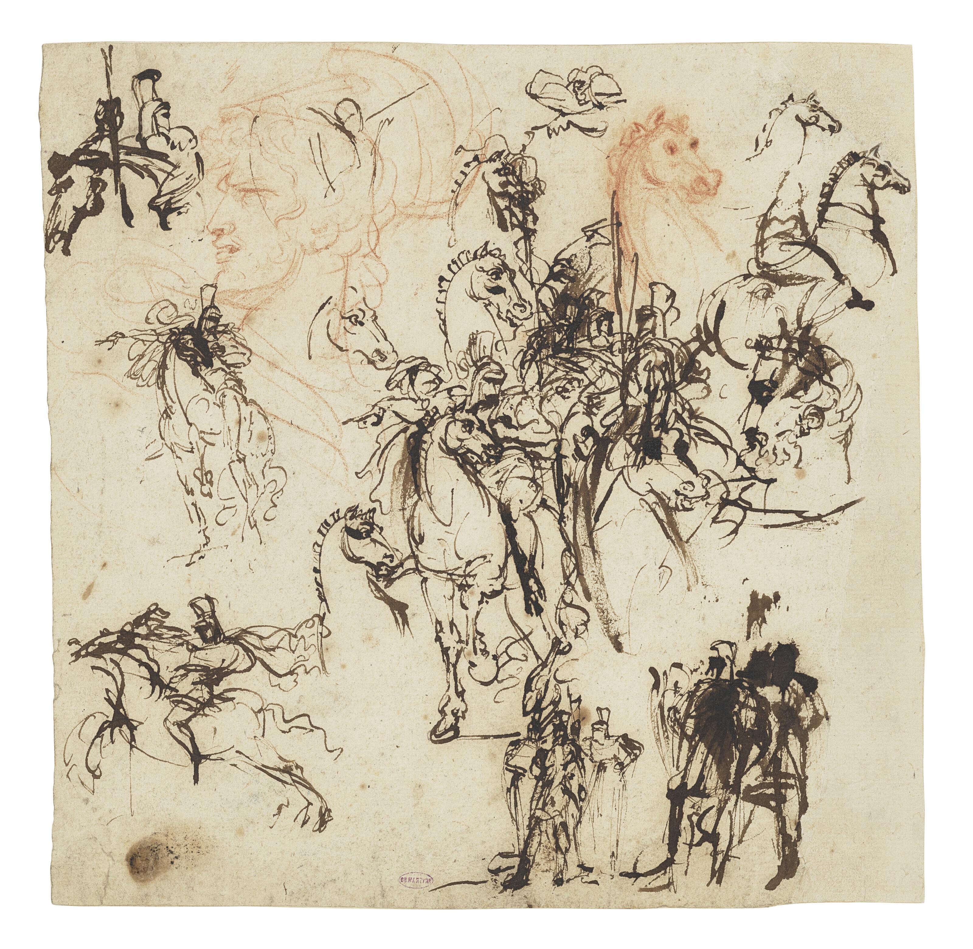 Antoine-Jean Gros - A sheet of studies of cavalry, horses and two heads