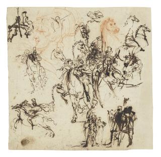 Antoine-Jean Gros - A sheet of studies of cavalry, horses and two heads