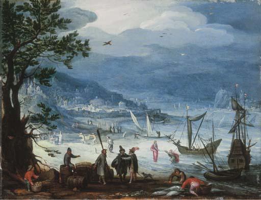 Antoine Mirou - A coastal landscape with fishing boats and peasants disembarking, the Calling of Saint Peter beyond