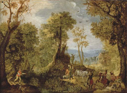 Antoine Mirou - Hunters in a wooded landscape with a village and an extensive landscape beyond