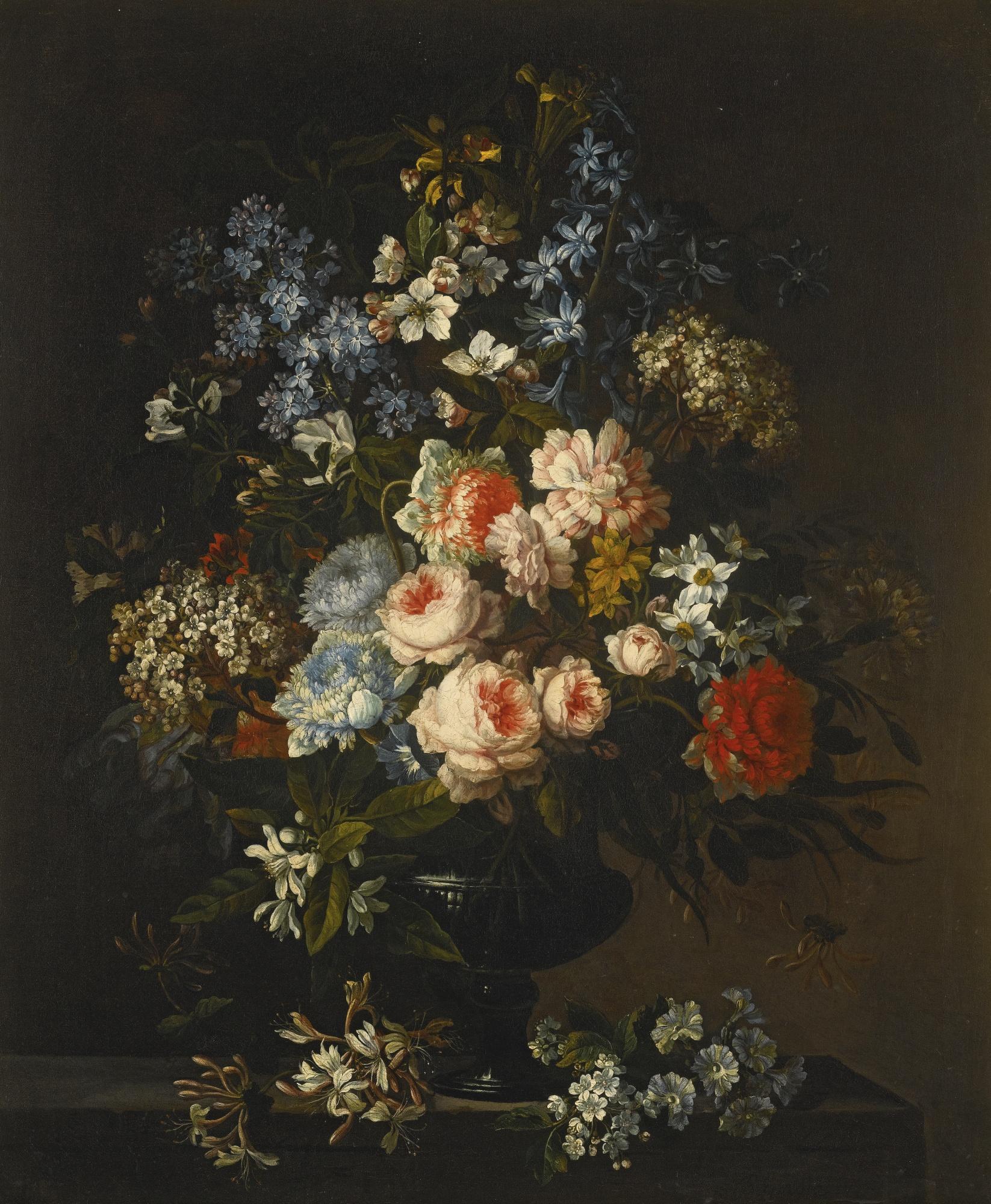 Antoine Monnoyer - A Still Life Of Roses, Hyacinth, Honeysuckle And Other Flowers In A Glass Vase On A Ledge