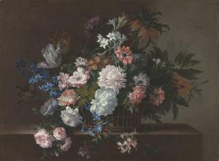 Antoine Monnoyer - Flowers in a wicker basket on a ledge