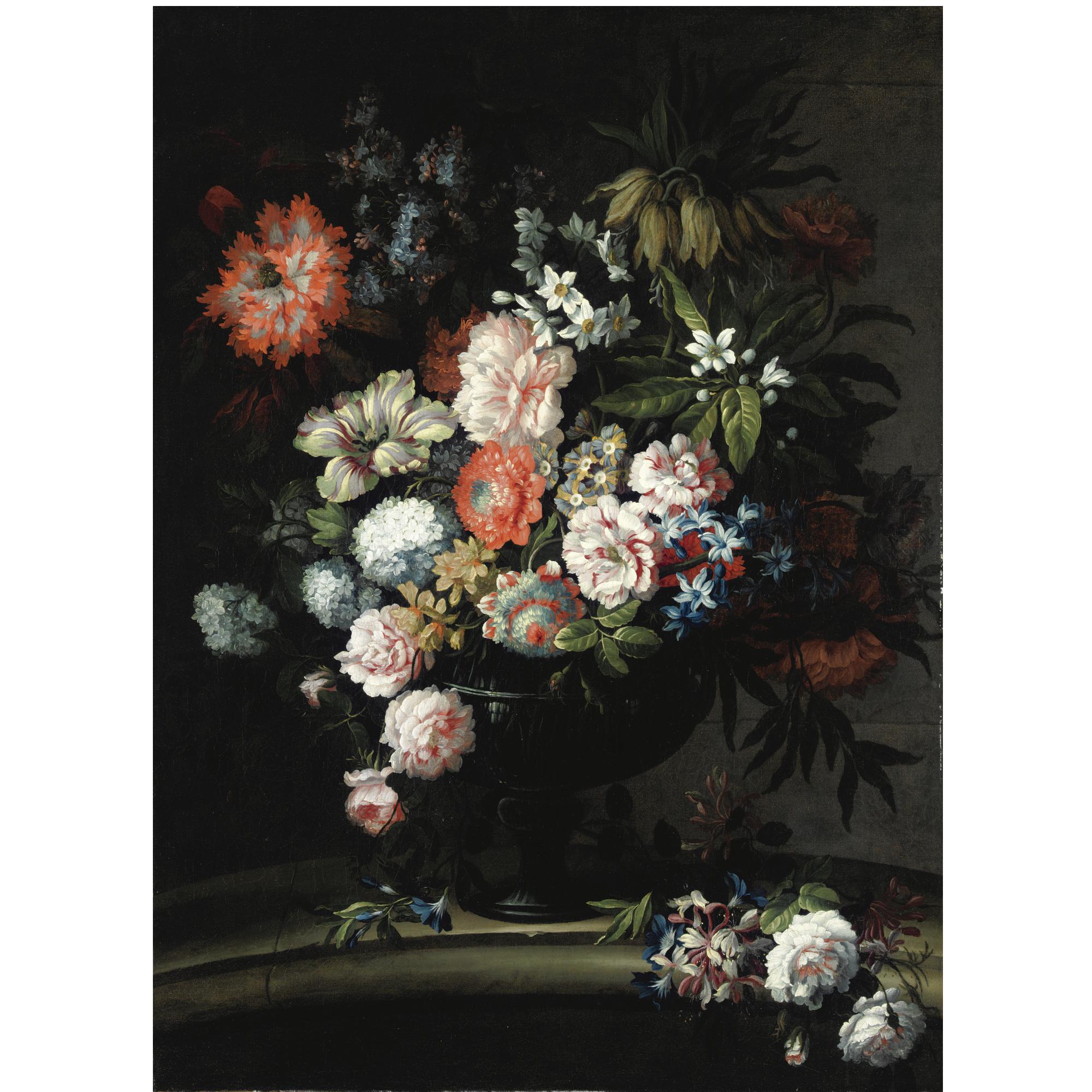 Antoine Monnoyer - Natura Morta Con Rose Centifolia, Peonie, Anemoni, Lillà E Papavero In Un Vaso