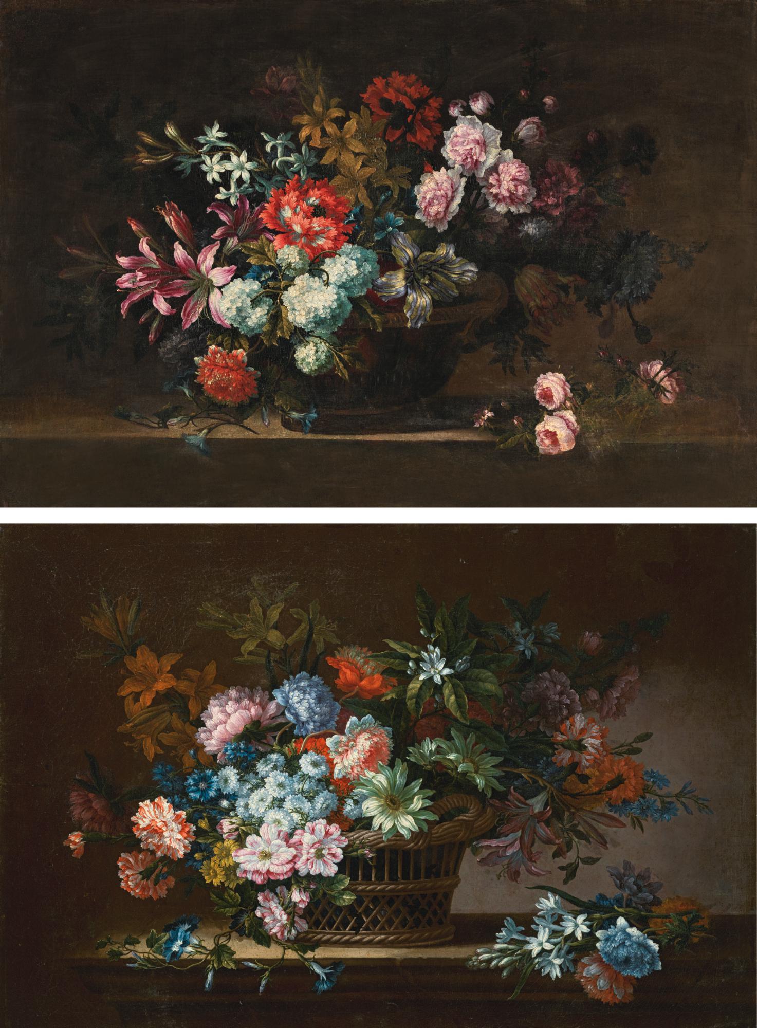 Antoine Monnoyer - Still Life Of Peonies, Carnations, Poppies And Other Flowers In A Bronze Urn On A Stone Ledge; And Still Life Of Chrysanthemums, Jasmine, Lilies And Carnations In A Wicker Basket On A Stone Ledge