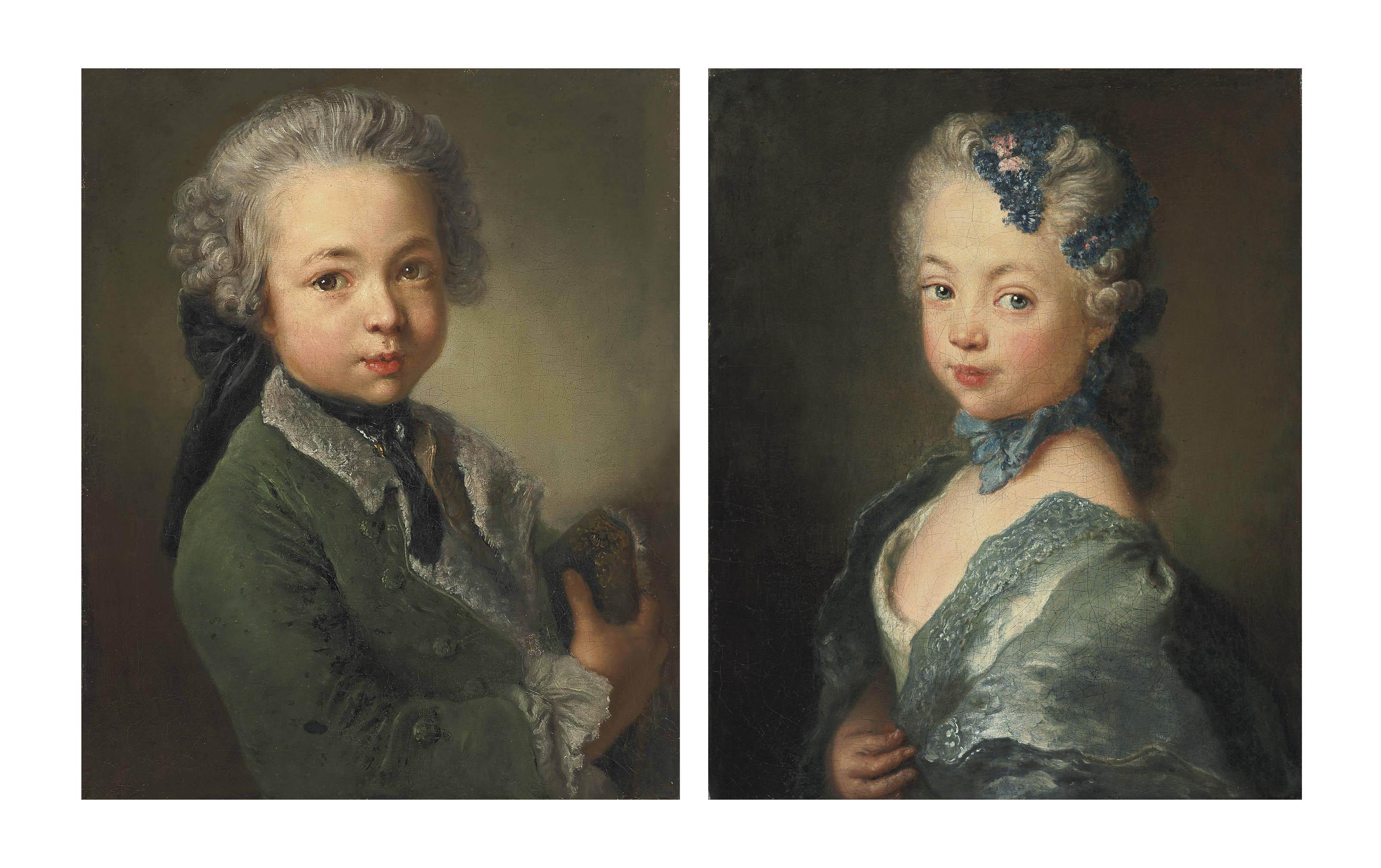 Antoine Pesne - Portrait of the artist\'s grandson, bust-length, in a fur-lined green coat, holding a tricorne; and Portrait of the artist\'s granddaughter, bust-length, in a white dress with a blue mantle, a blue ribbon and a flowered headdress