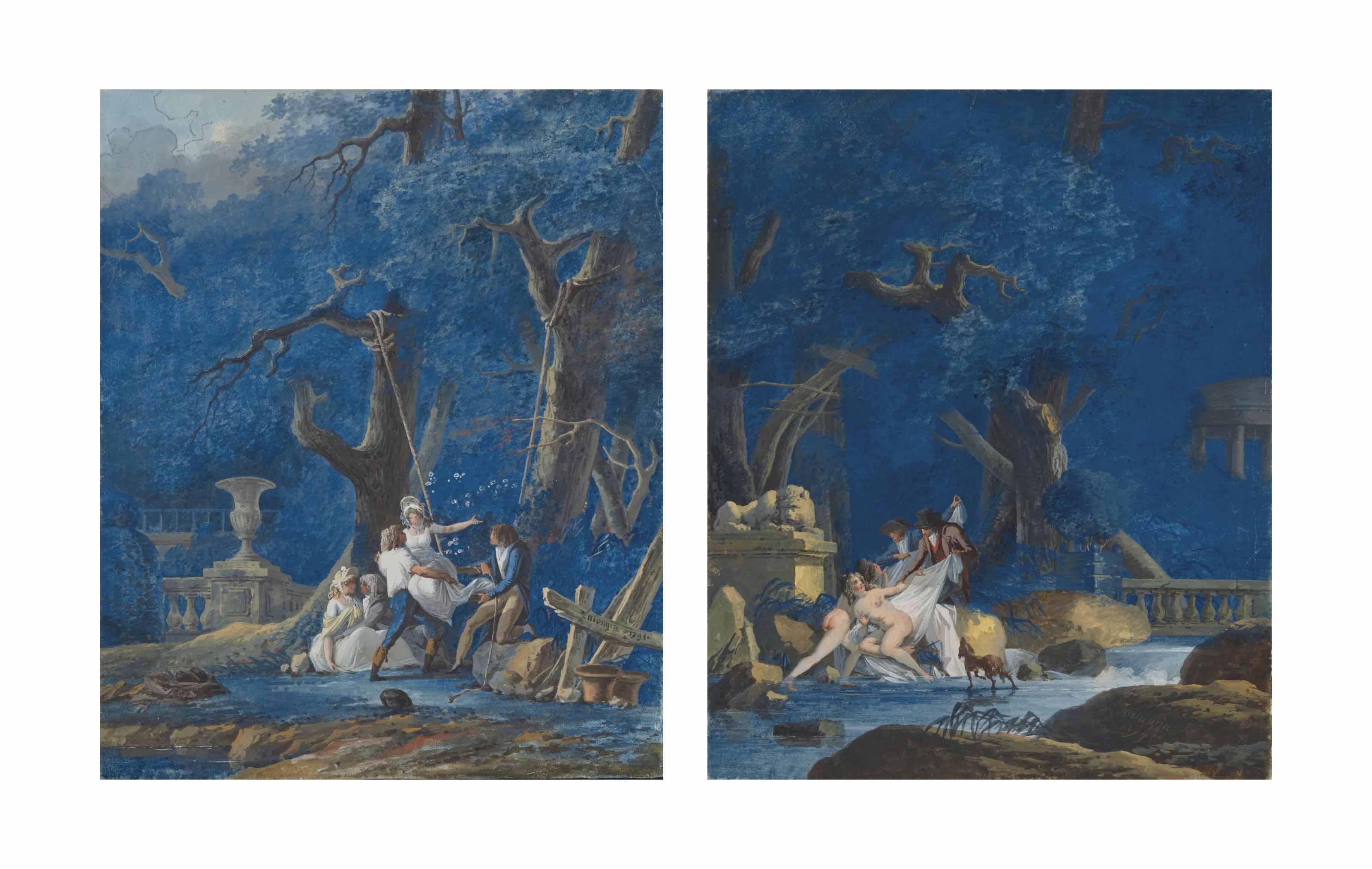 Antoine-Pierre Mongin - Couple Dans Un Parc Au Bord De L\'Eau; Et Jeune Femme Sur Une Balançoire Dans Un Parc