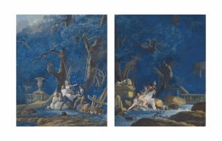 Antoine-Pierre Mongin - Couple Dans Un Parc Au Bord De L\'Eau; Et Jeune Femme Sur Une Balançoire Dans Un Parc