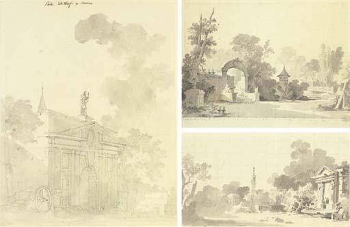 Antoine-Pierre Mongin - La Porte de Werf, Anvers; Un jardin avec un portail et un pont Chinois; et Un jardin avec des monuments classiques