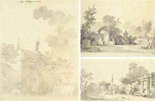 Antoine-Pierre Mongin - La Porte de Werf, Anvers; Un jardin avec un portail et un pont Chinois; et Un jardin avec des monuments classiques