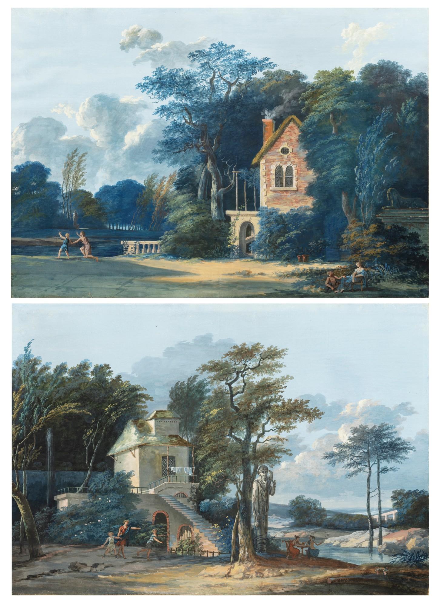 Antoine Pierre Mongin - Pastoral landscape with thermal baths;  Pastoral landscape with a child shooting an arrow