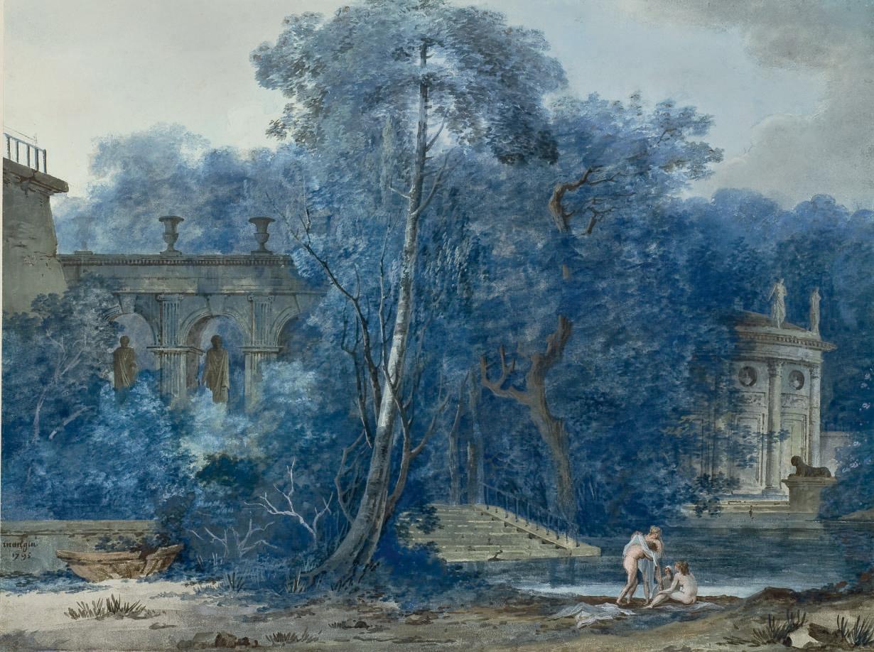 Antoine-Pierre Mongin - Paysage Avec Des Ruines Antiques, Des Femmes Se Baignant Dans Un Lac Au Premier Plan