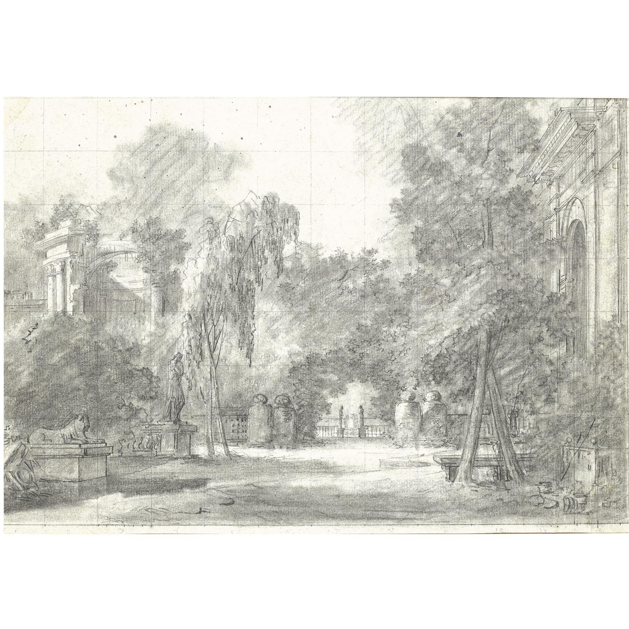 Antoine Pierre Mongin - View Of A Park With Statues And Ornamental Buildings