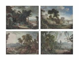 Antoine-Pierre Patel - The Edge Of A Forest, With A Port In The Distance; Landscape With A River Traversed By A Wooden Bridge; A Landscape With A Tomb; And Classical Figures In A Forest