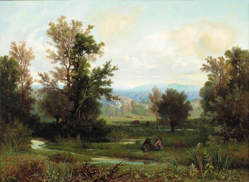 Antoine Ponthus-Cinier - A Couple Seated On A Riverbank With The Alps Beyond