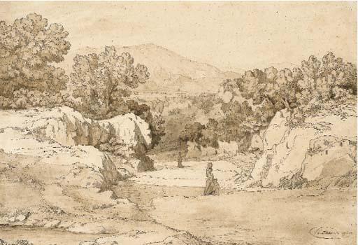 Antoine Ponthus-Cinier - Paysage Rocheux, Des Montagnes Au Fond, Une Jeune Femme Portant Un Vase Sur La Tête Et Accompagnée D\'Un Enfant Au Centre