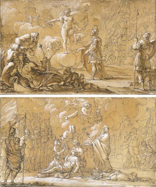 Antoine Rivalz - Venus Appearing To Aeneas As He Lands On The Site Of Rome, With Allegories Of The Tiber And Rome In The Foreground; And The Sacrifice Of Iphigenia