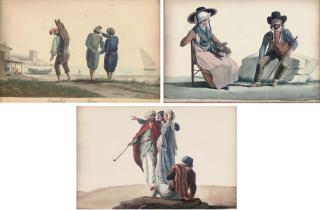 Antoine Roux - A Catalan Faggot Gatherer And Greek Sailors By The Sea; A Marseille Flower Seller And A Roaming Begger; And Greek, Turkish And Italian Seamen