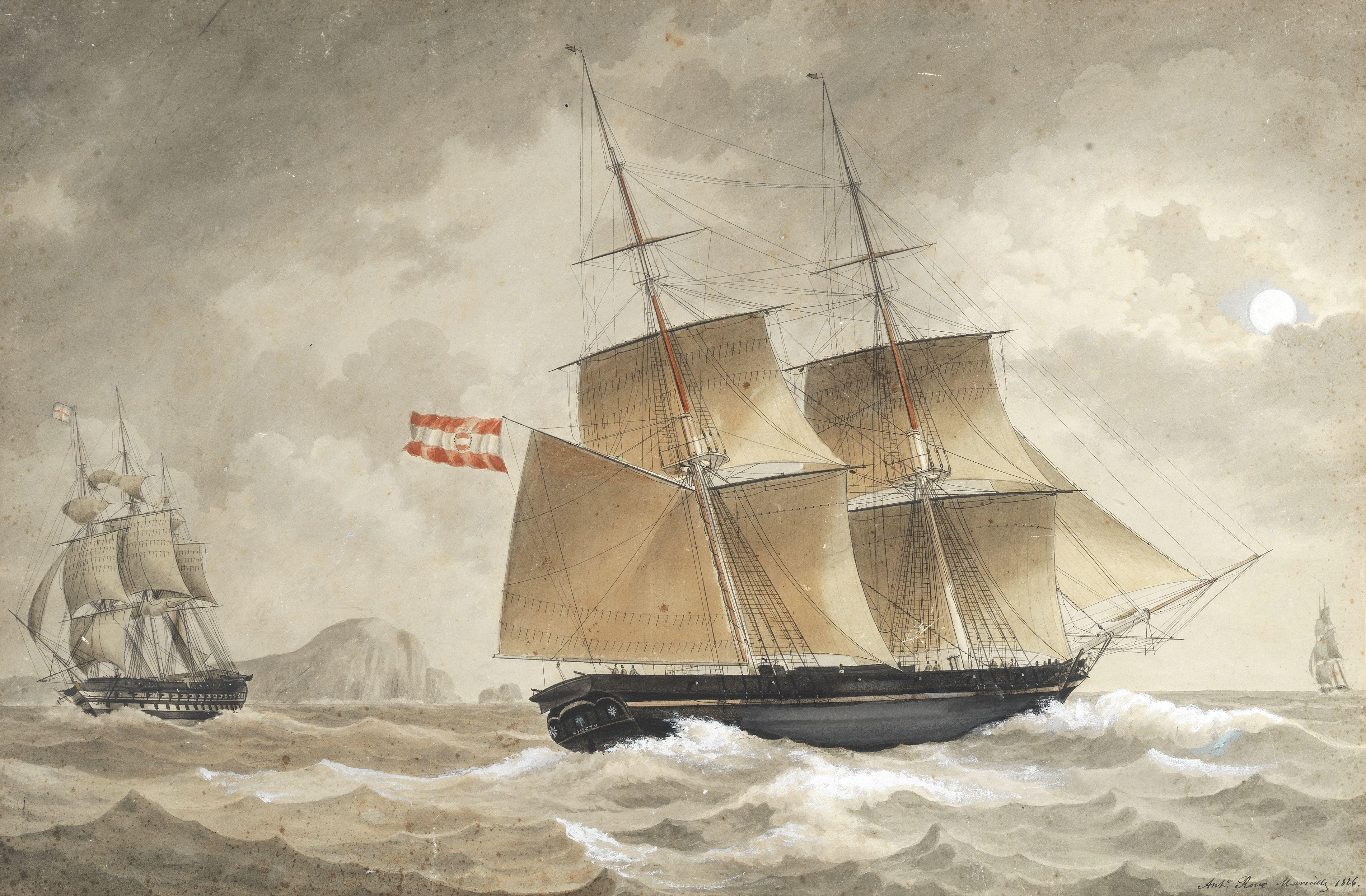 Antoine Roux - A ship of the Austrian Navy in coastal waters near Marseille