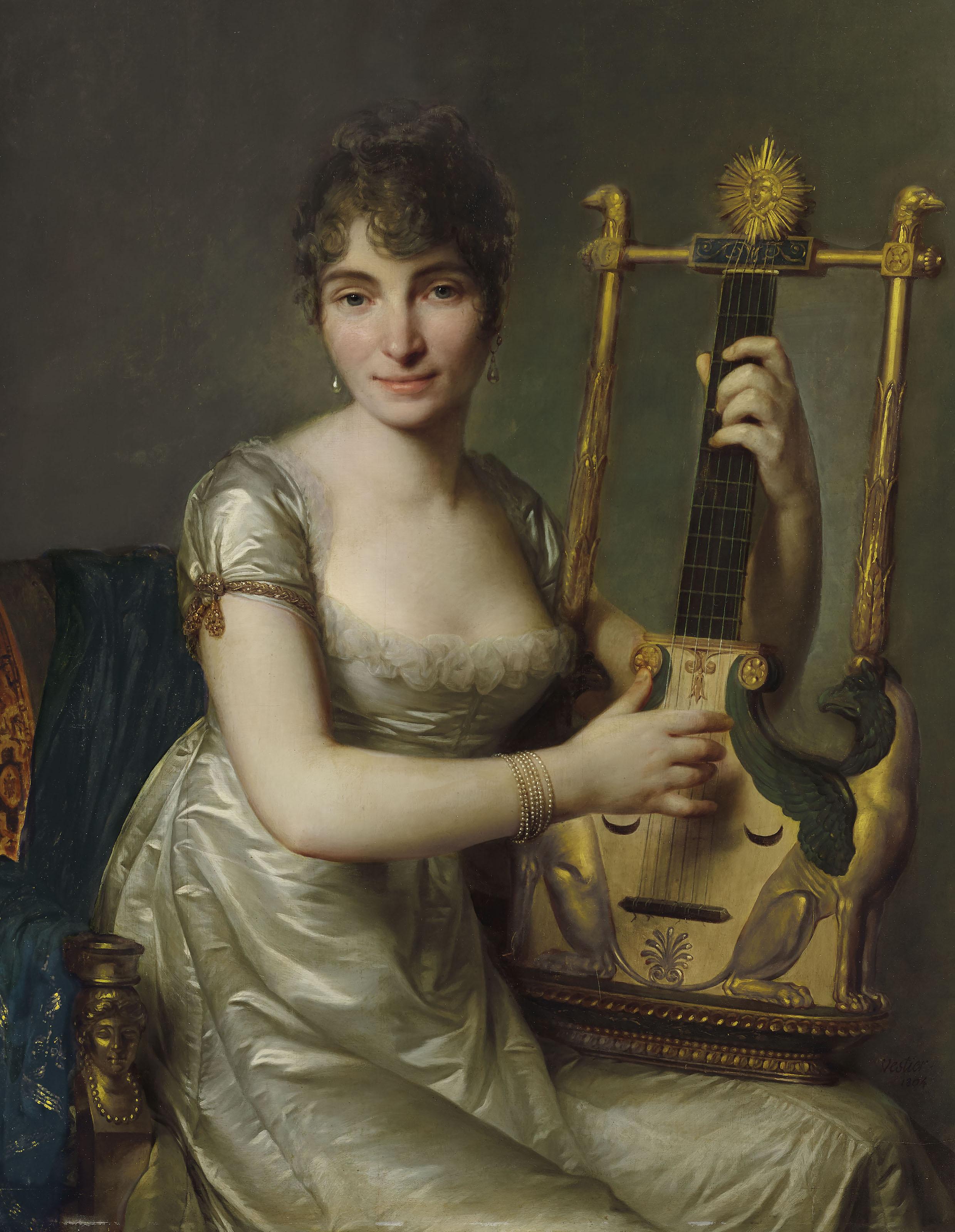 Antoine Vestier - Portrait de Madame Larmoyer, de trois-quart, tenant une lyre-guitare