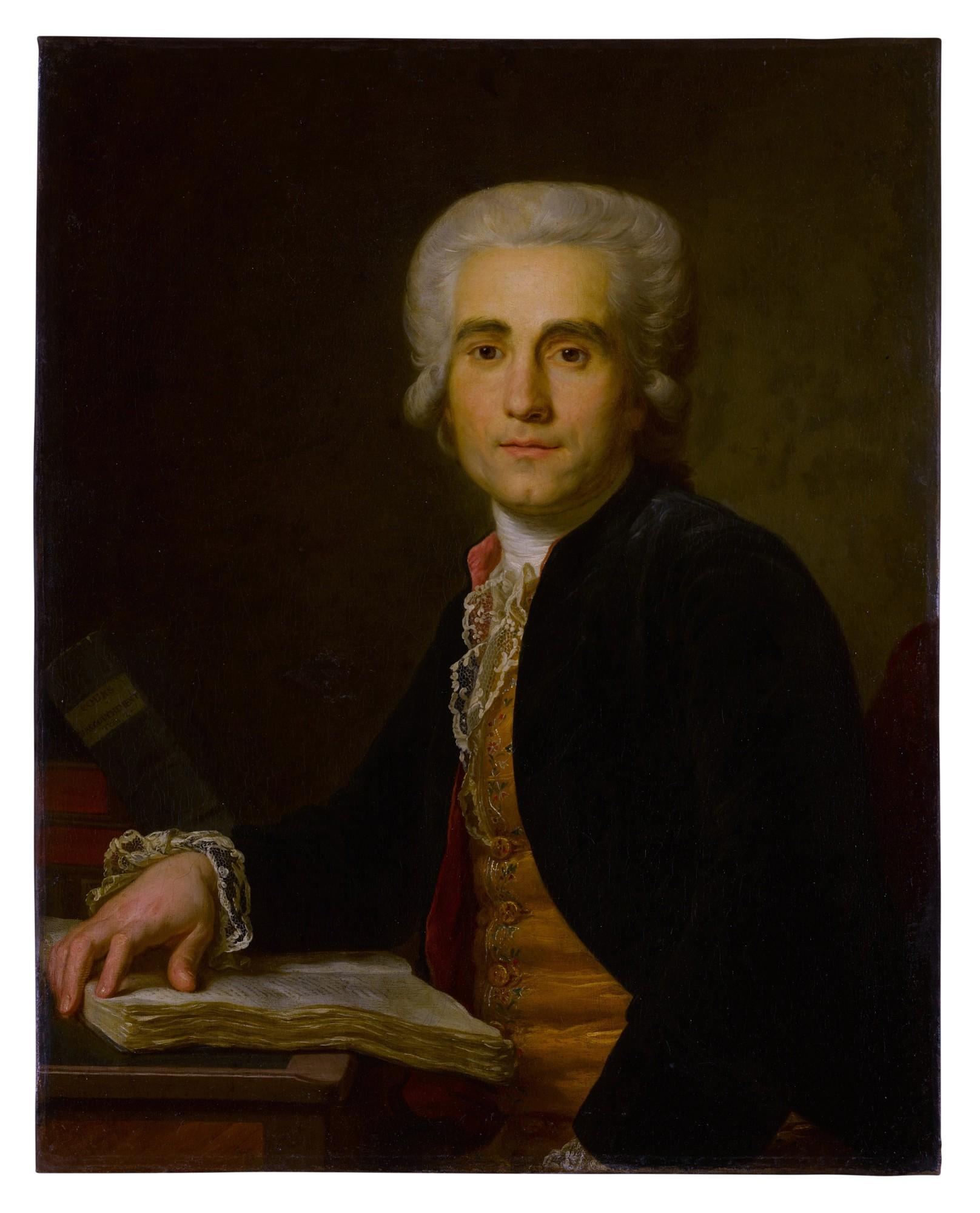 Antoine Vestier - Portrait of Dr. Jean-Louis Baudelocque, half-length, seated at a table with an open book