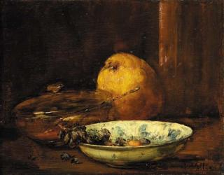 Antoine Vollon - A bowl of raisins, a pear and a covered bowl