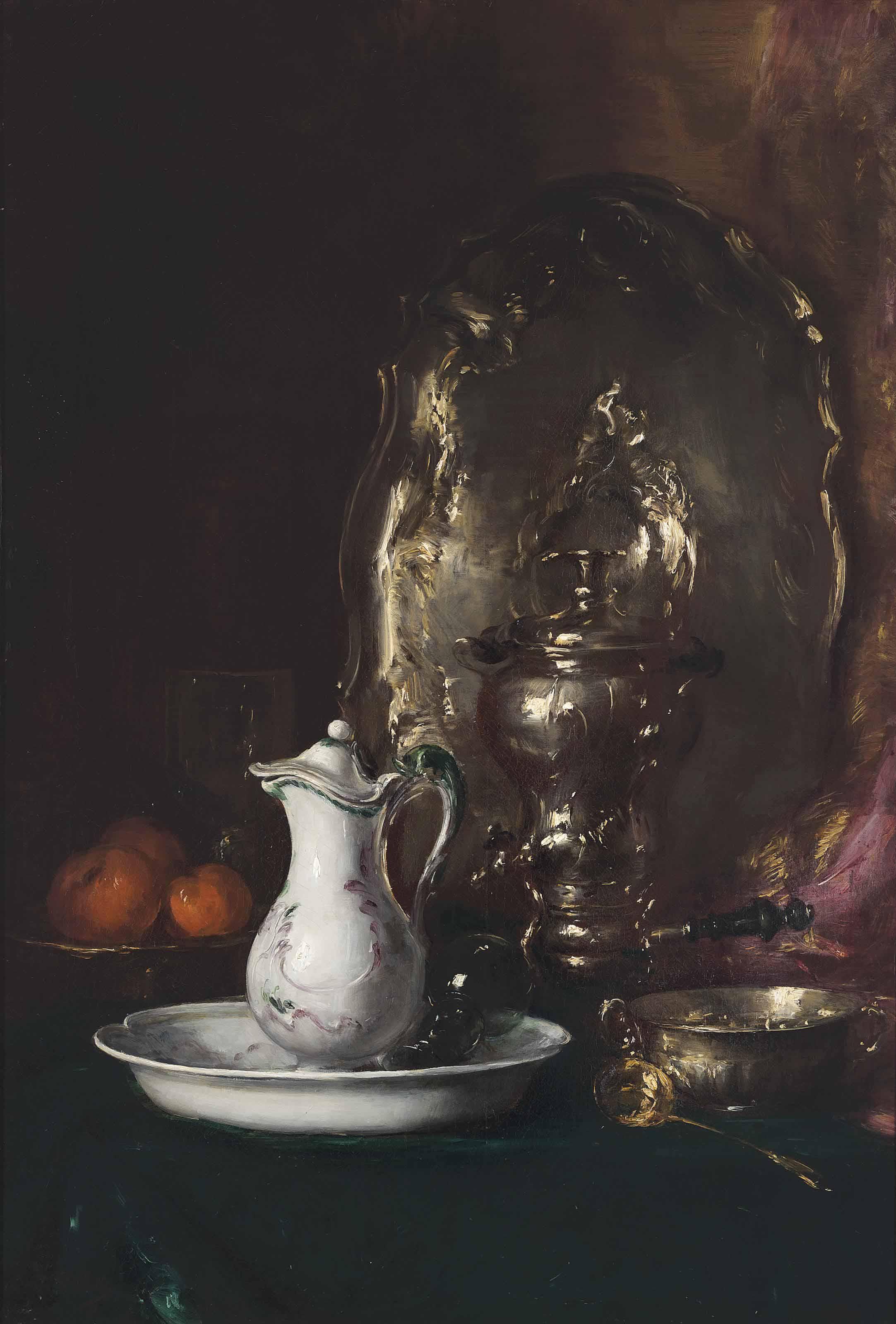 Antoine Vollon - A jug with oranges and a silver salver