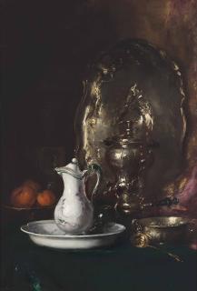 Antoine Vollon - A jug with oranges and a silver salver