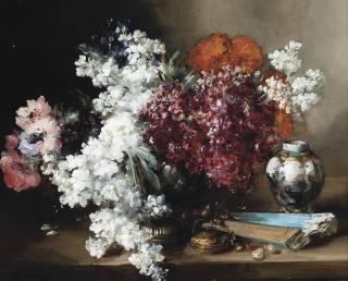 Antoine Vollon - Anenomies and marigolds by a vase and a fan on a stone ledge